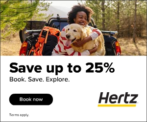 Hertz 300x250 banner reading Save up to 25% with a Book now call to action